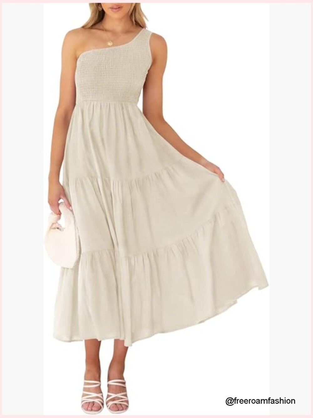 One Shoulder Floral Midi Dress Smocked Bust Ruffle Tiered Beach Formal